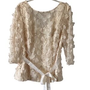 Alex Evenings Womens 2X Cream 3D Floral Sequin Evening Blouse 3/4 Sleeve Top